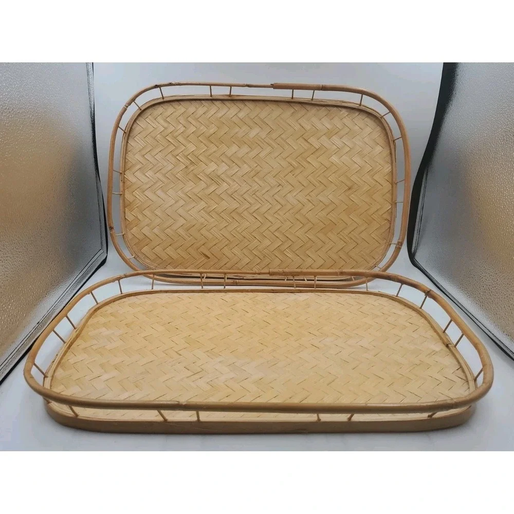 Vintage MCM‎ Bamboo Woven Tray Gold Boho Bar Cart Serving Lap Tray Set Of 2